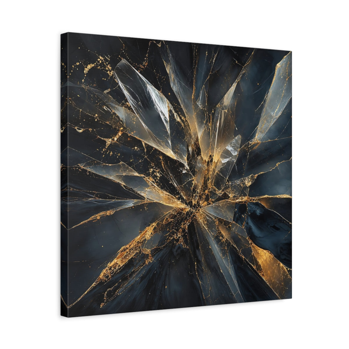 Side Mockup 5. Abstract Shattered Glass Black And Gold shown as stretched canvas wall art