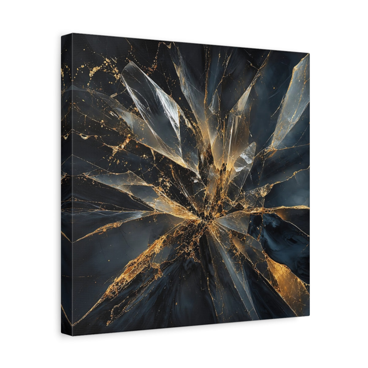 Side Mockup 7. Abstract Shattered Glass Black And Gold shown as stretched canvas wall art
