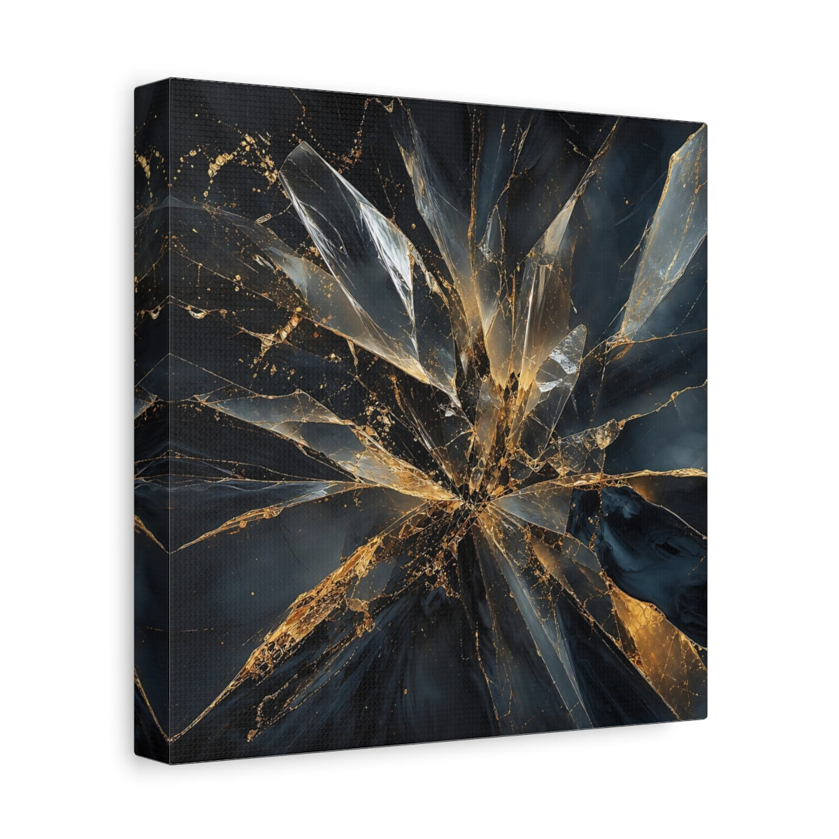 Side Mockup 9. Abstract Shattered Glass Black And Gold shown as stretched canvas wall art