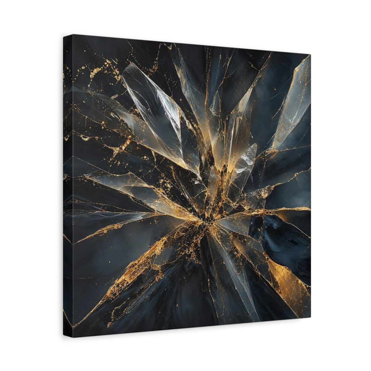 Side Mockup 6. Abstract Shattered Glass Black And Gold shown as stretched canvas wall art