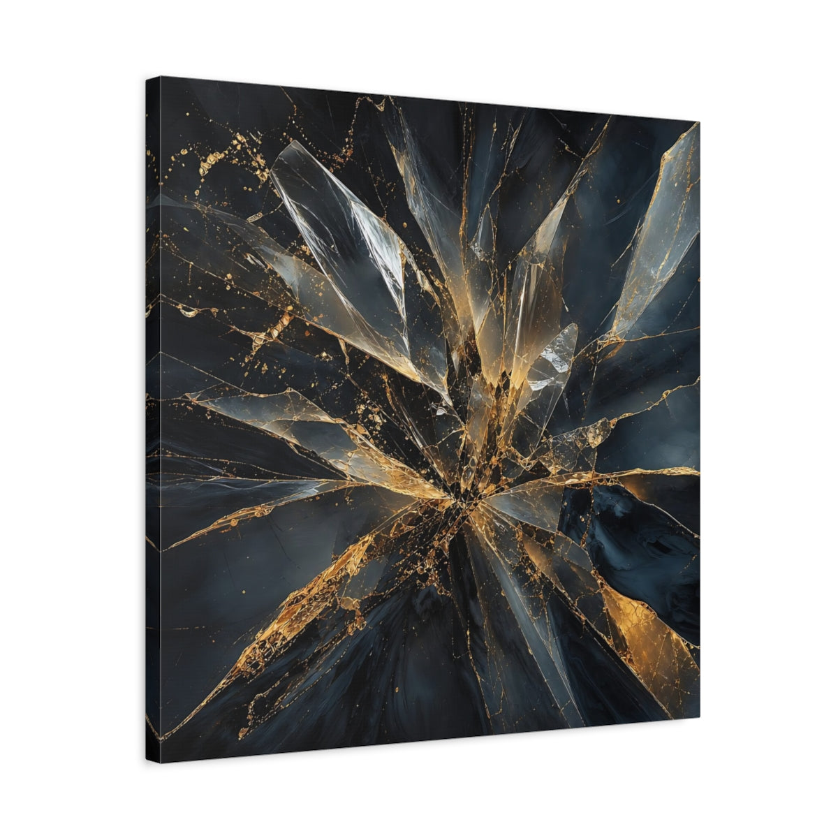 Side Mockup 4. Abstract Shattered Glass Black And Gold shown as stretched canvas wall art