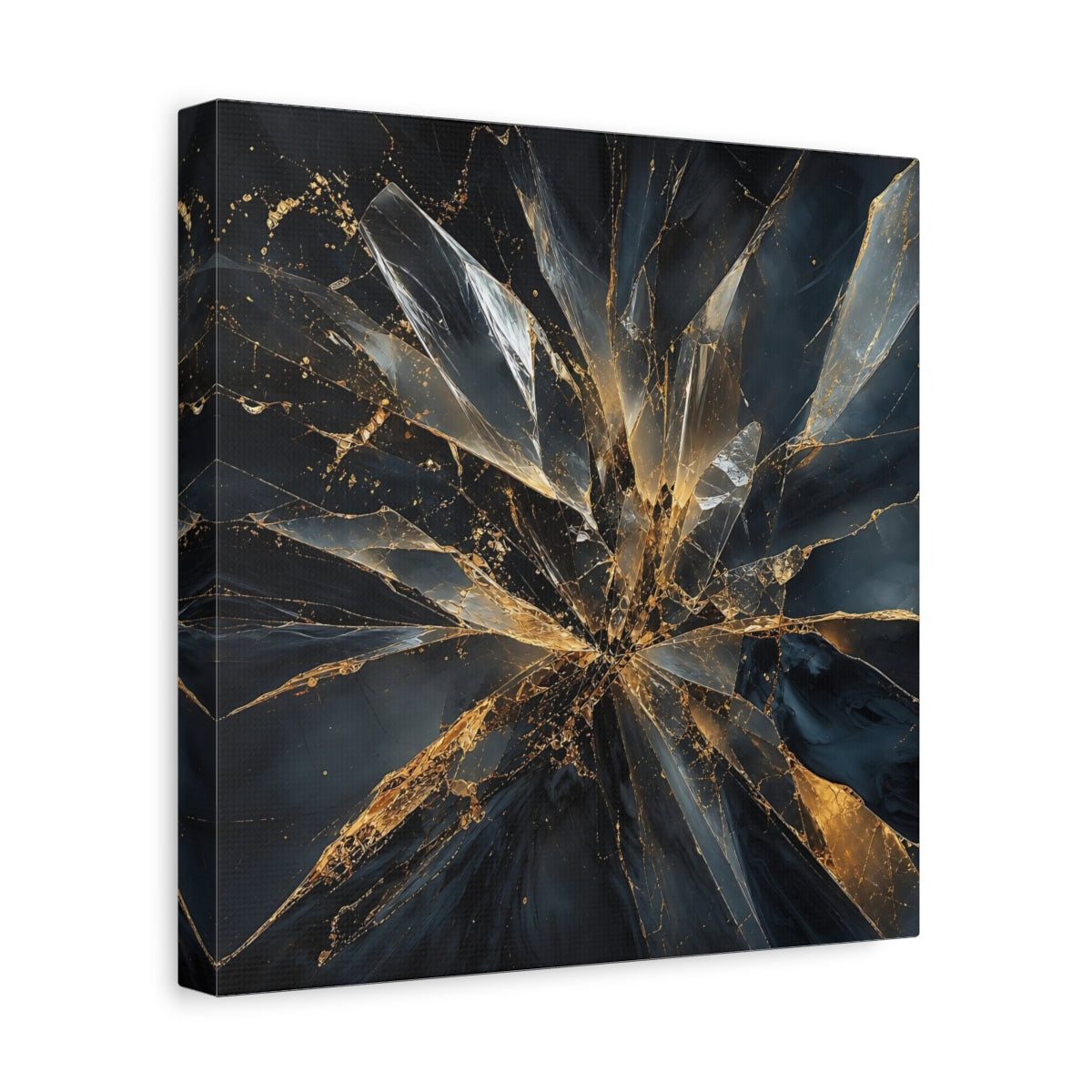 Side Mockup 8. Abstract Shattered Glass Black And Gold shown as stretched canvas wall art