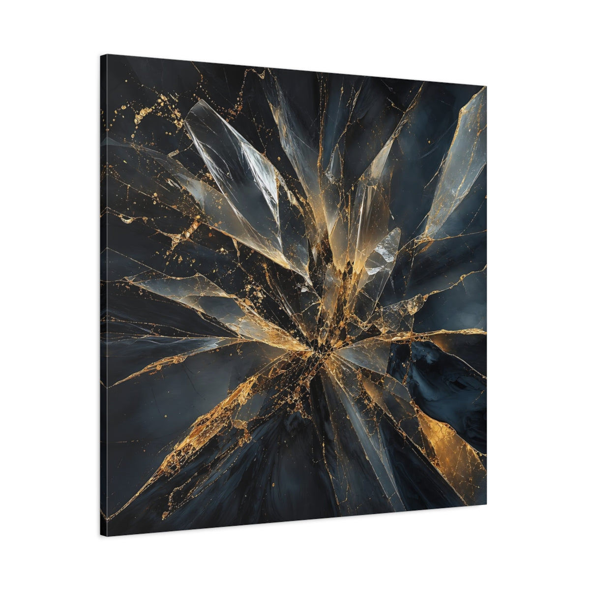 Side Mockup 1. Abstract Shattered Glass Black And Gold shown as stretched canvas wall art