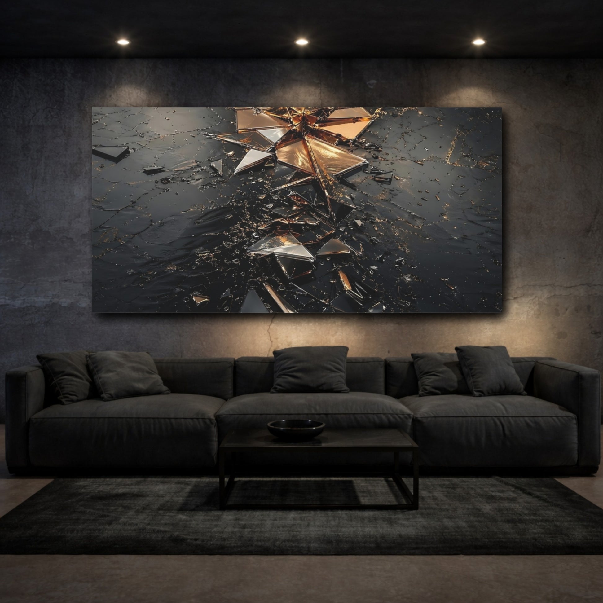 Mockup 2. Abstract Shattered Glass Black And Gold shown as stretched canvas wall art