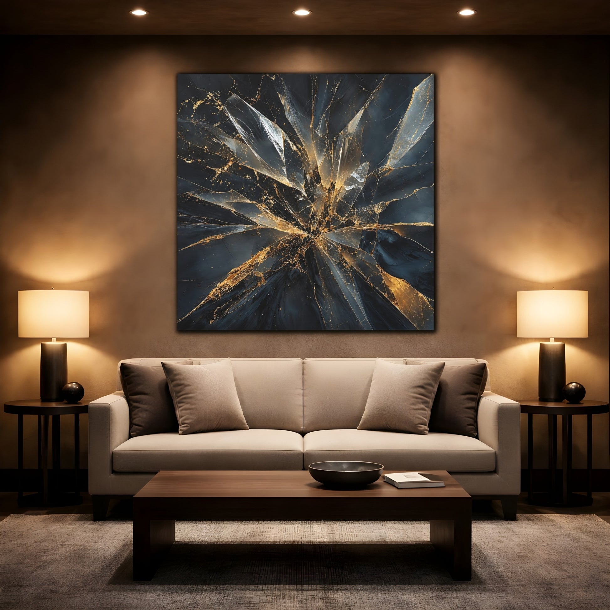 Mockup 2. Abstract Shattered Glass Black And Gold shown as stretched canvas wall art