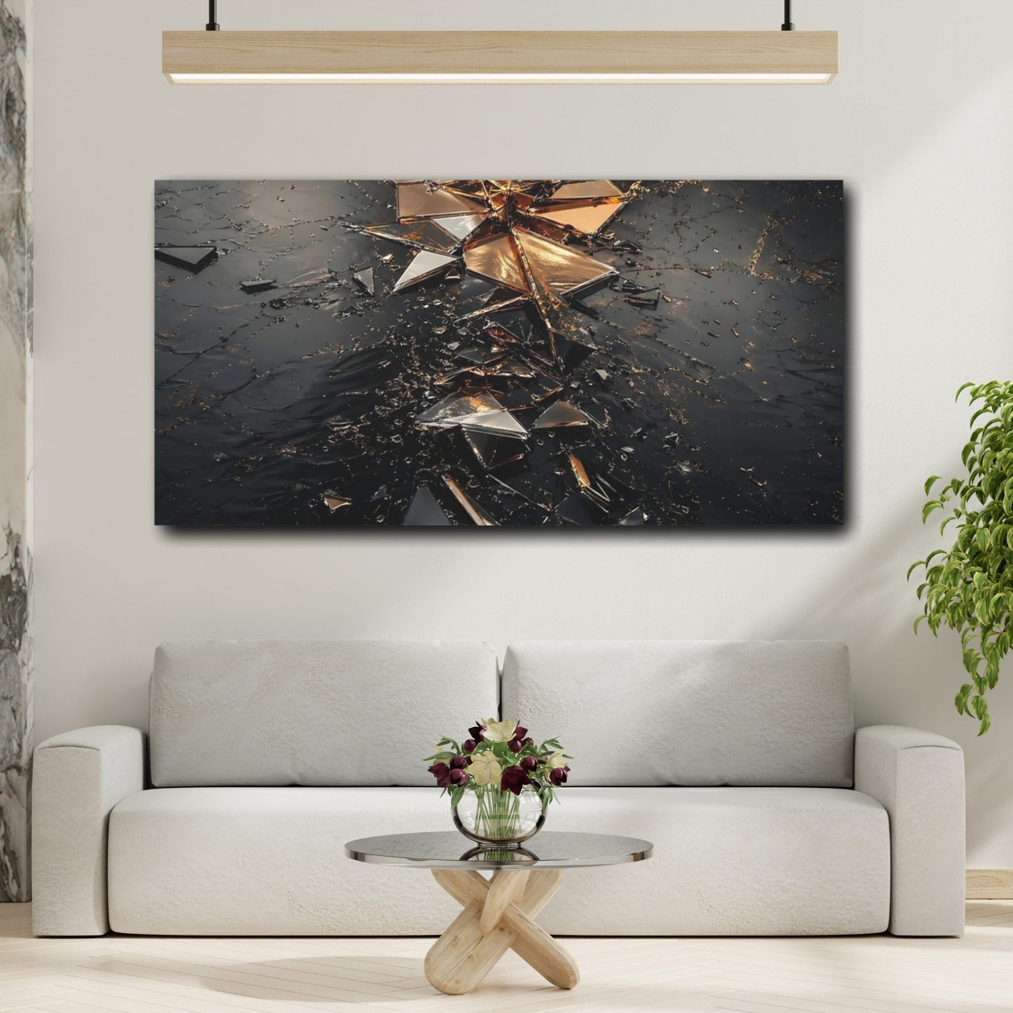 Mockup 3. Abstract Shattered Glass Black And Gold shown as stretched canvas wall art