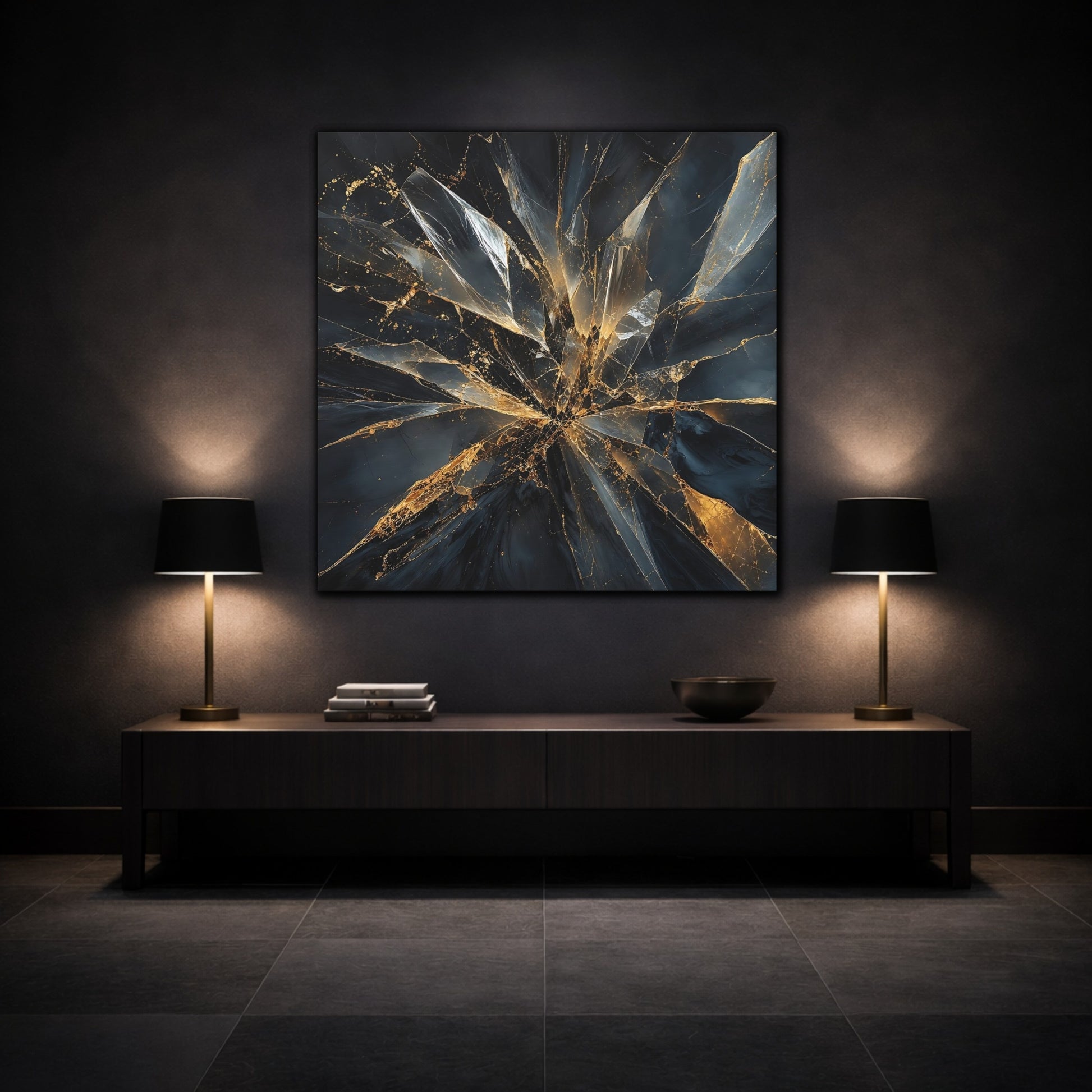 Mockup 3. Abstract Shattered Glass Black And Gold shown as stretched canvas wall art