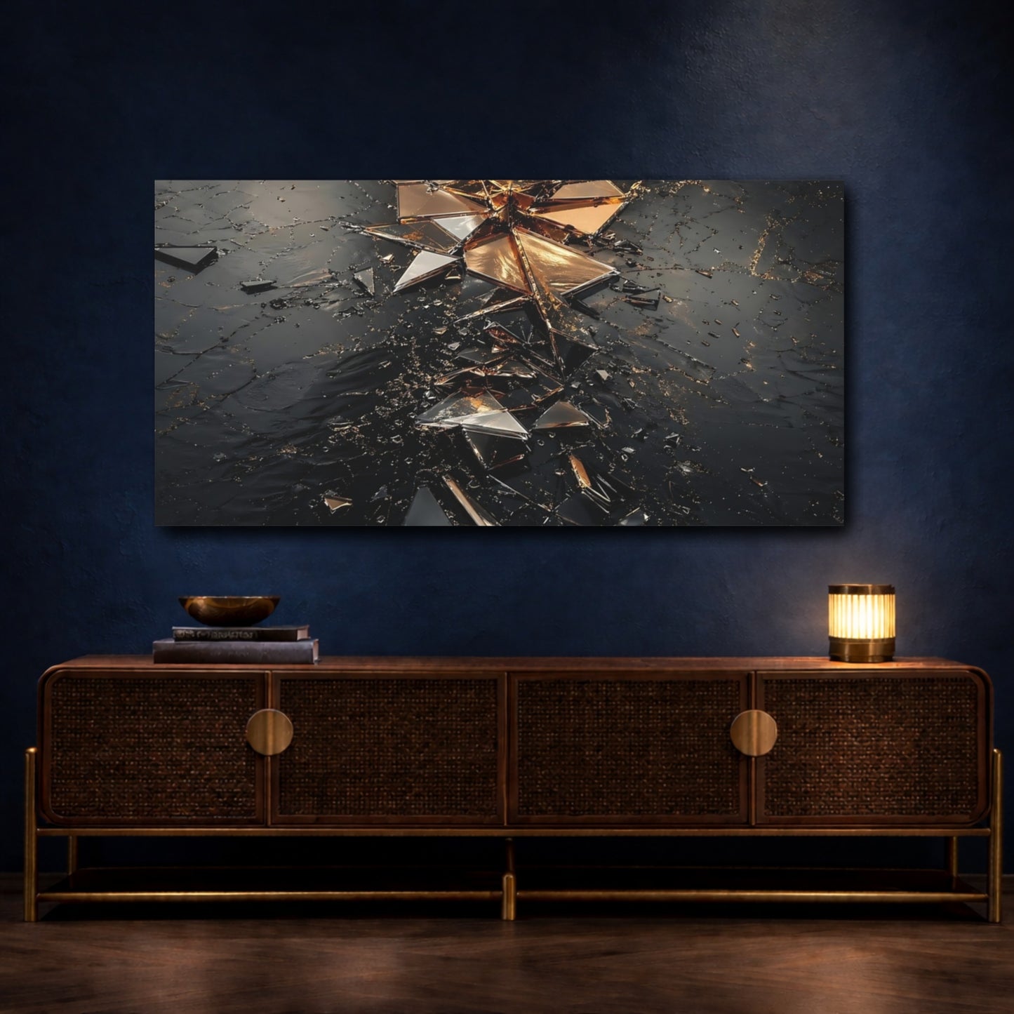 Mockup 4. Abstract Shattered Glass Black And Gold shown as stretched canvas wall art
