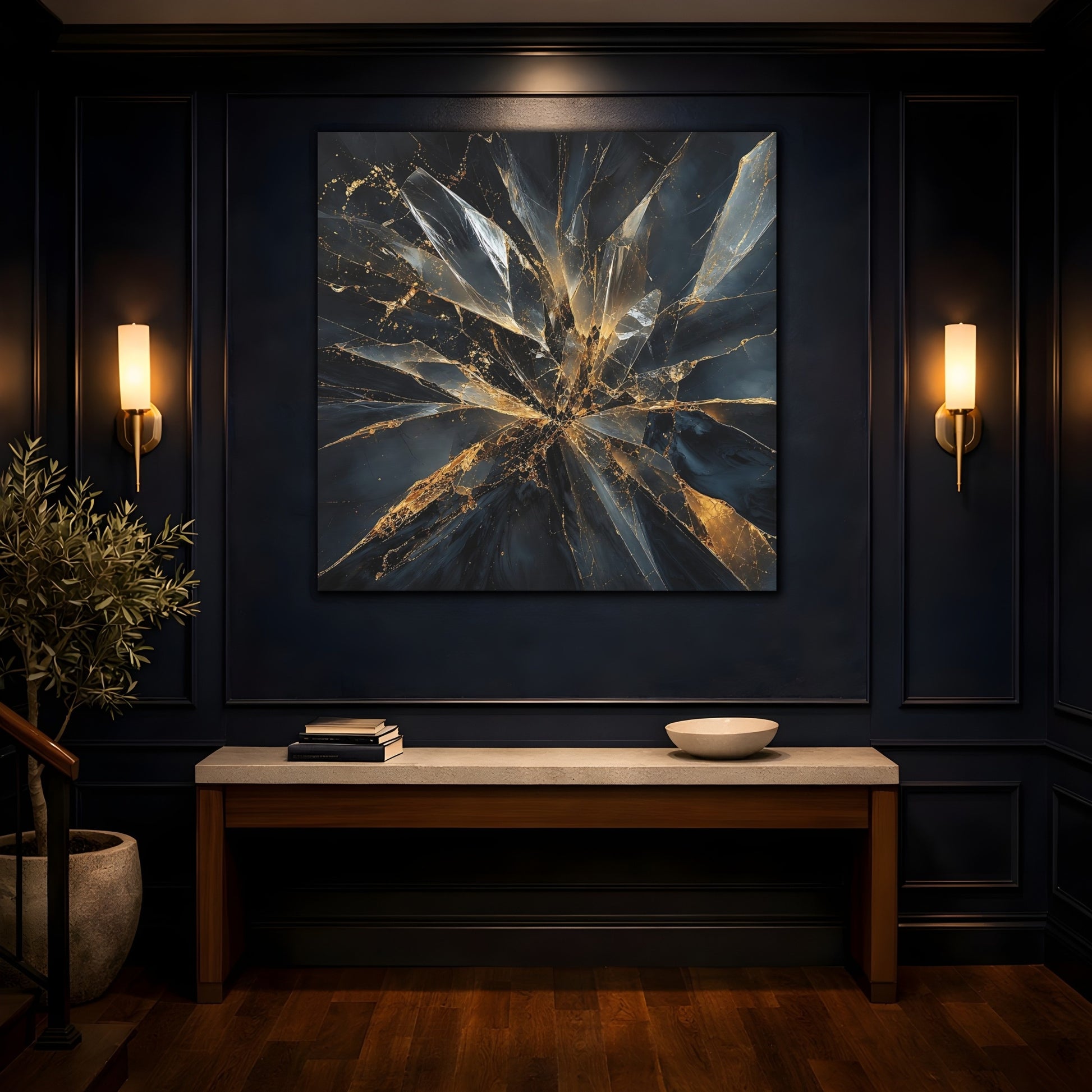 Mockup 4. Abstract Shattered Glass Black And Gold shown as stretched canvas wall art