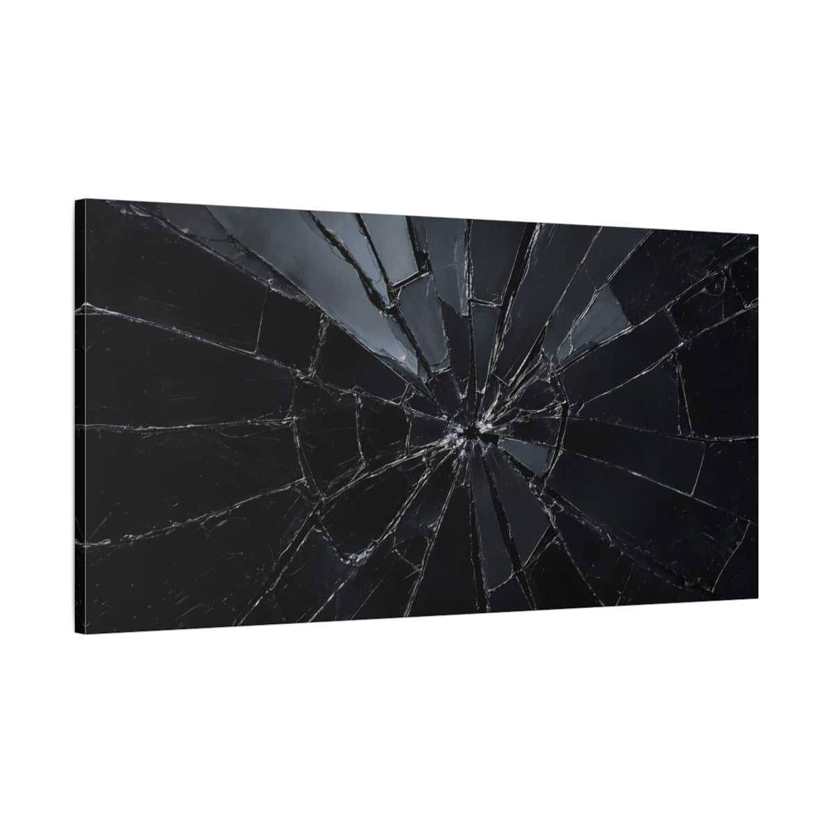 Main Mockup. Abstract Shattered Glass Black And Grey shown as stretched canvas wall art