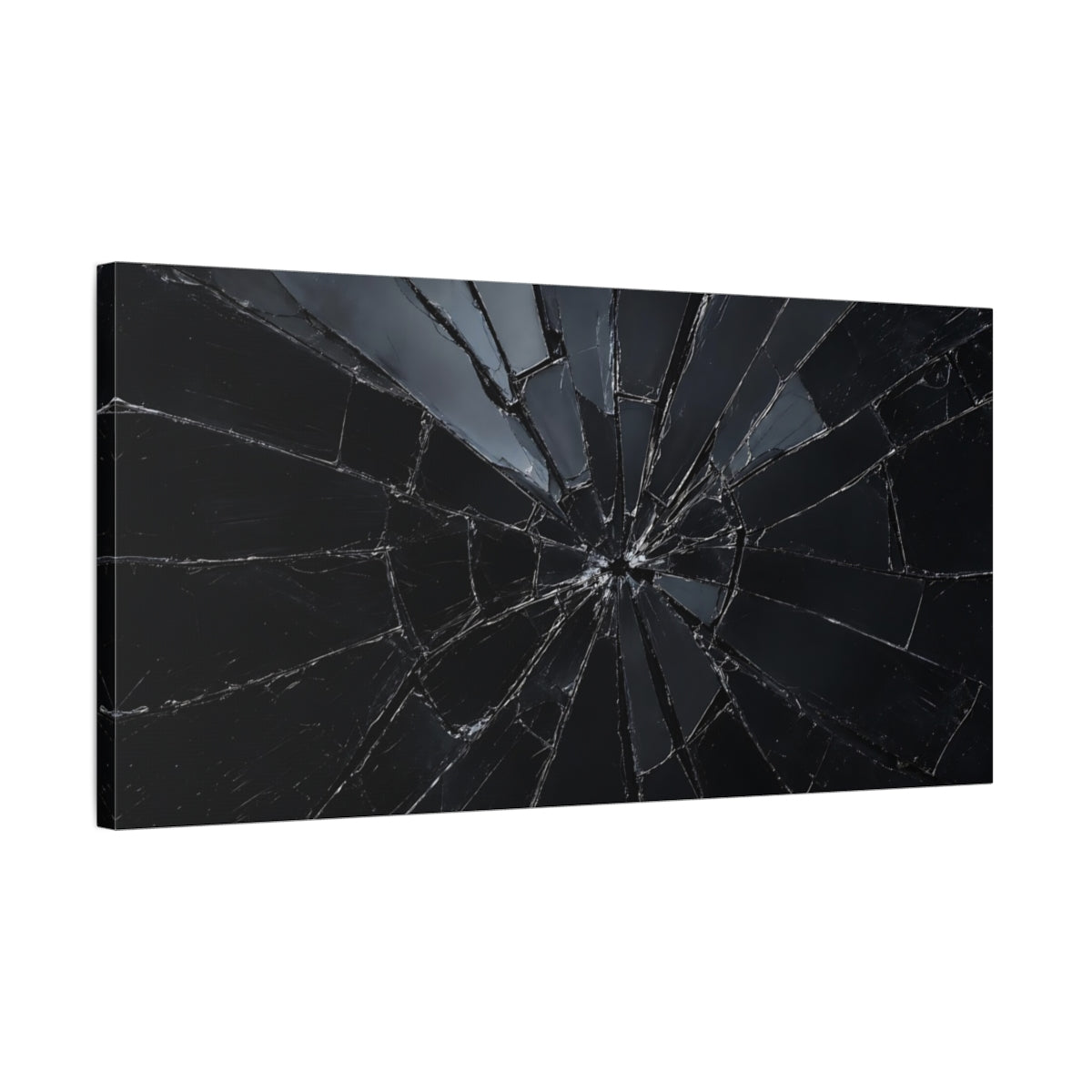 Side Mockup 1. Abstract Shattered Glass Black And Grey shown as stretched canvas wall art