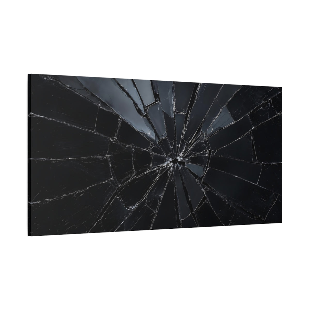 Side Mockup 2. Abstract Shattered Glass Black And Grey shown as stretched canvas wall art