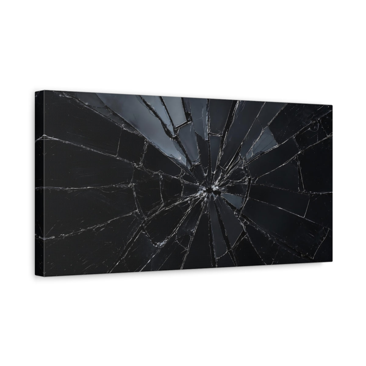 Side Mockup 3. Abstract Shattered Glass Black And Grey shown as stretched canvas wall art