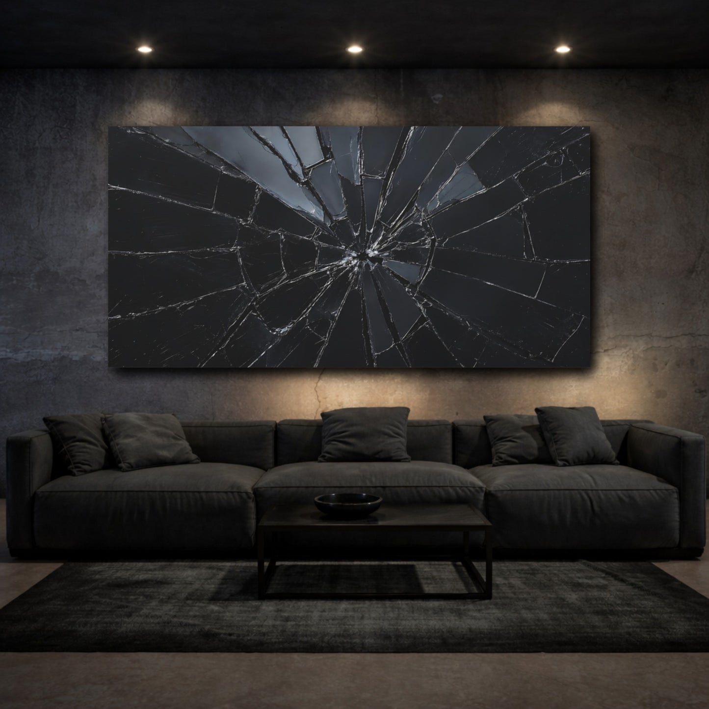 Mockup 2. Abstract Shattered Glass Black And Grey shown as stretched canvas wall art