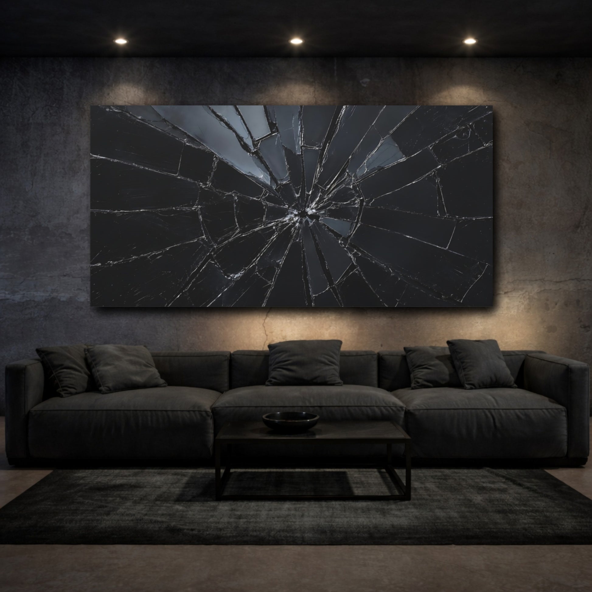 Mockup 2. Abstract Shattered Glass Black And Grey shown as stretched canvas wall art