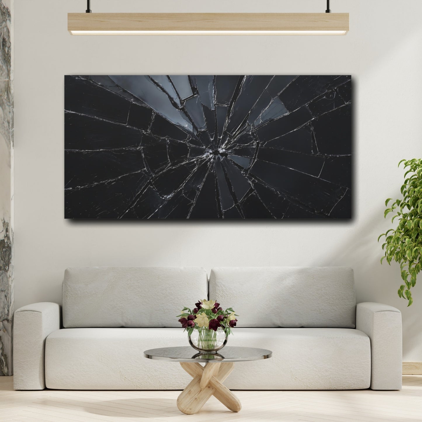 Mockup 3. Abstract Shattered Glass Black And Grey shown as stretched canvas wall art