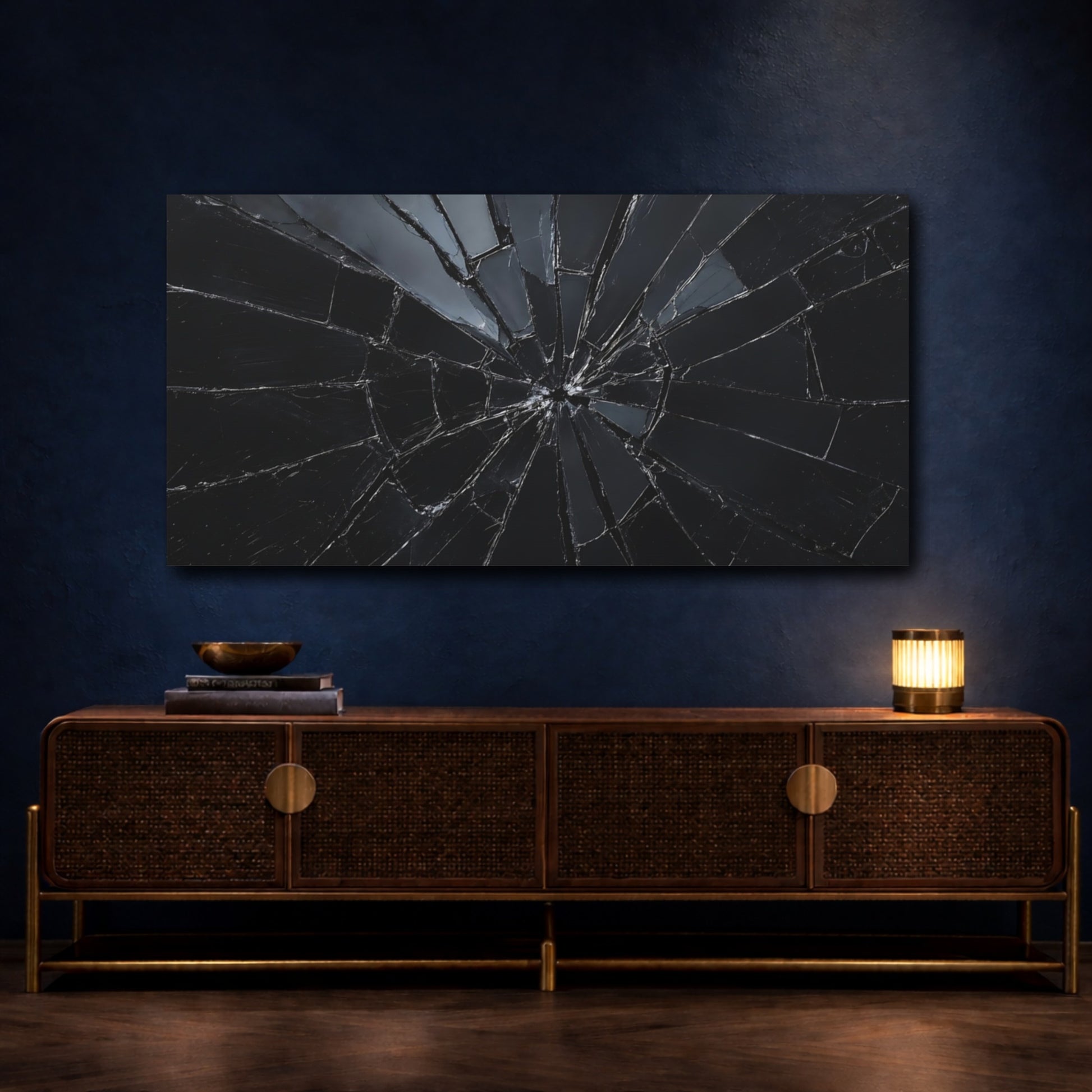 Mockup 4. Abstract Shattered Glass Black And Grey shown as stretched canvas wall art