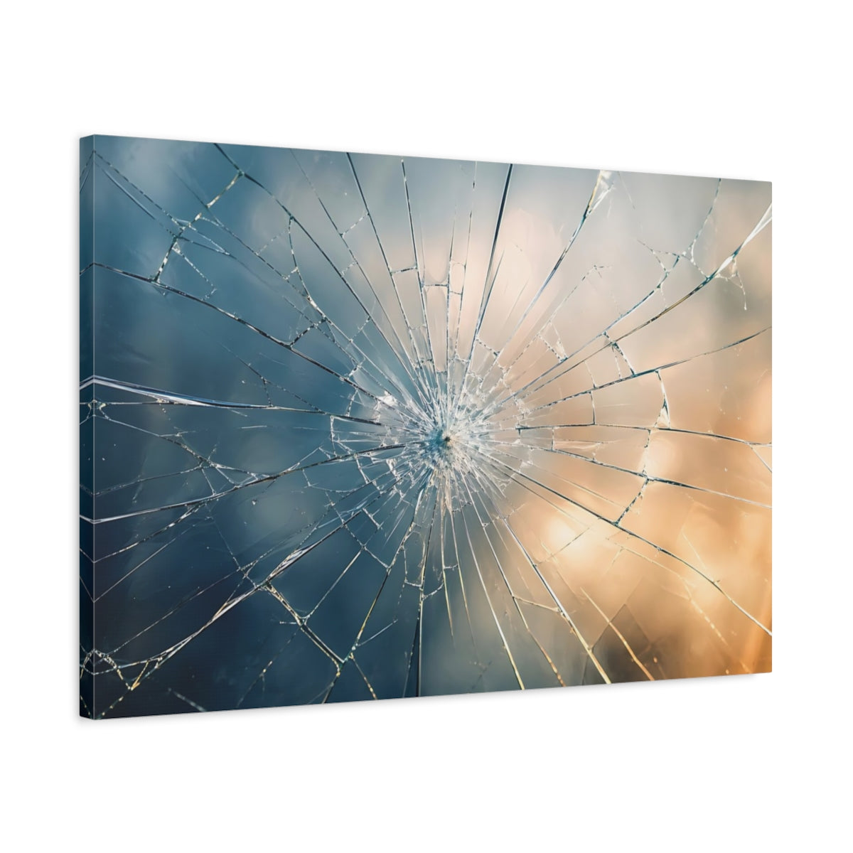 Side Mockup 2. Abstract Shattered Glass Blue And Gold Gradient shown as stretched canvas wall art