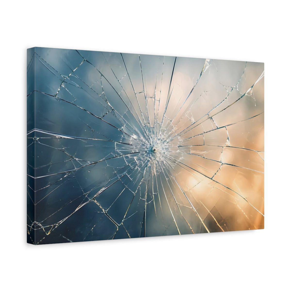 Side Mockup 4. Abstract Shattered Glass Blue And Gold Gradient shown as stretched canvas wall art