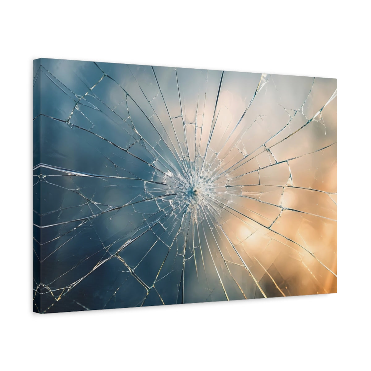 Side Mockup 3. Abstract Shattered Glass Blue And Gold Gradient shown as stretched canvas wall art