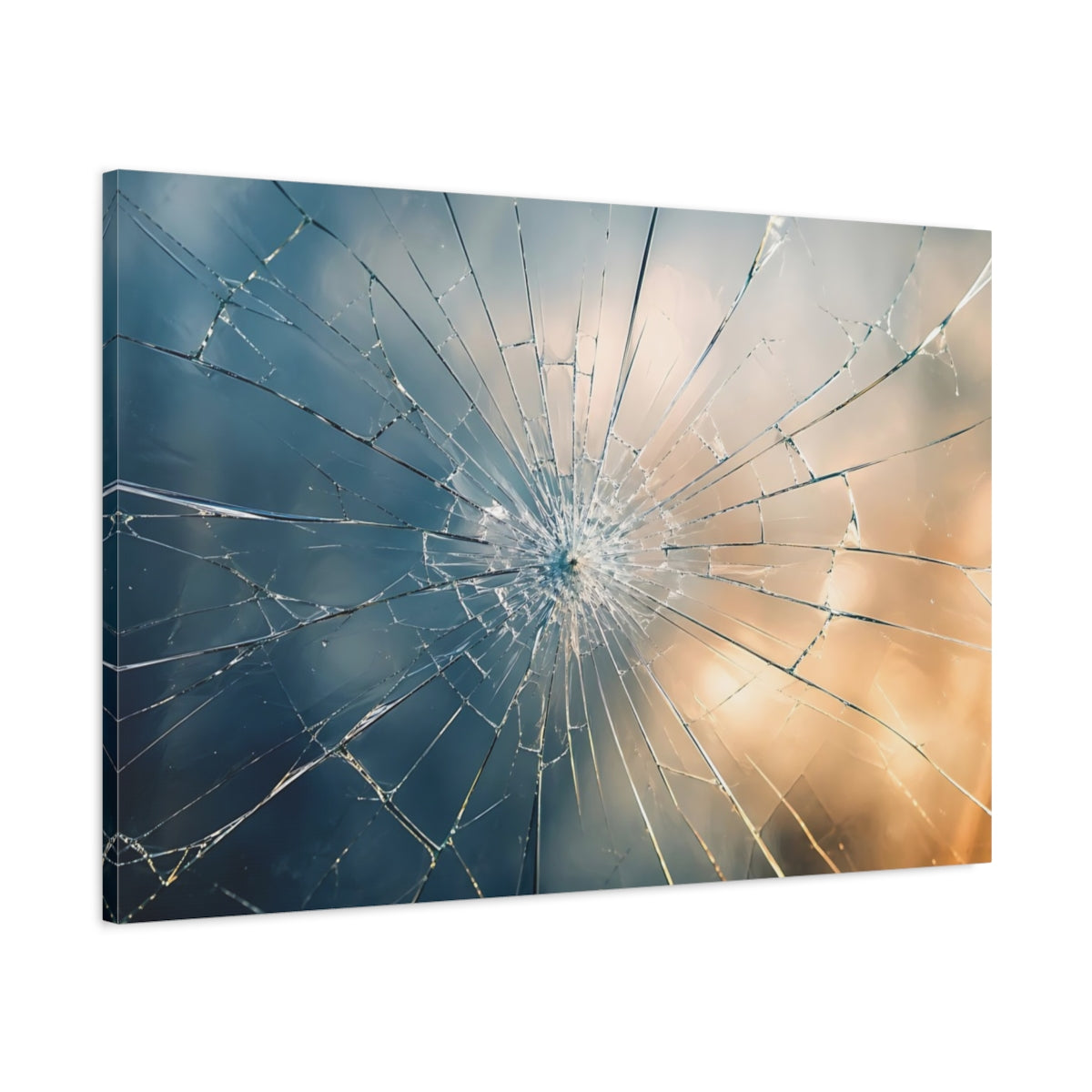 Main Mockup. Abstract Shattered Glass Blue And Gold Gradient shown as stretched canvas wall art