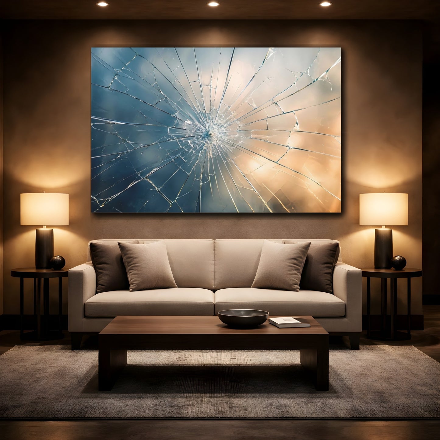 Mockup 2. Abstract Shattered Glass Blue And Gold Gradient shown as stretched canvas wall art