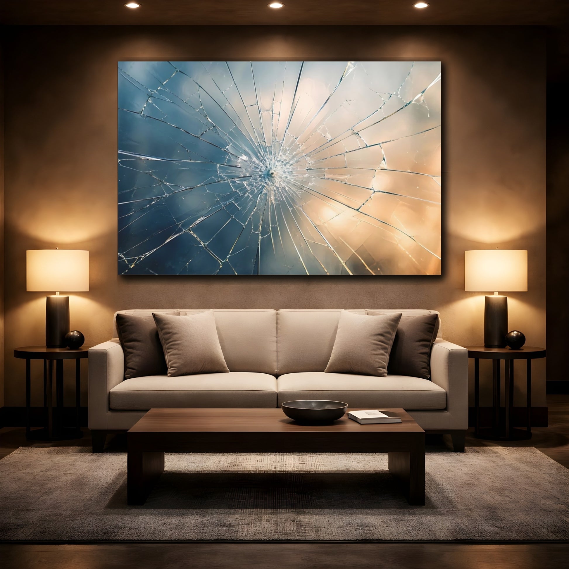 Mockup 2. Abstract Shattered Glass Blue And Gold Gradient shown as stretched canvas wall art