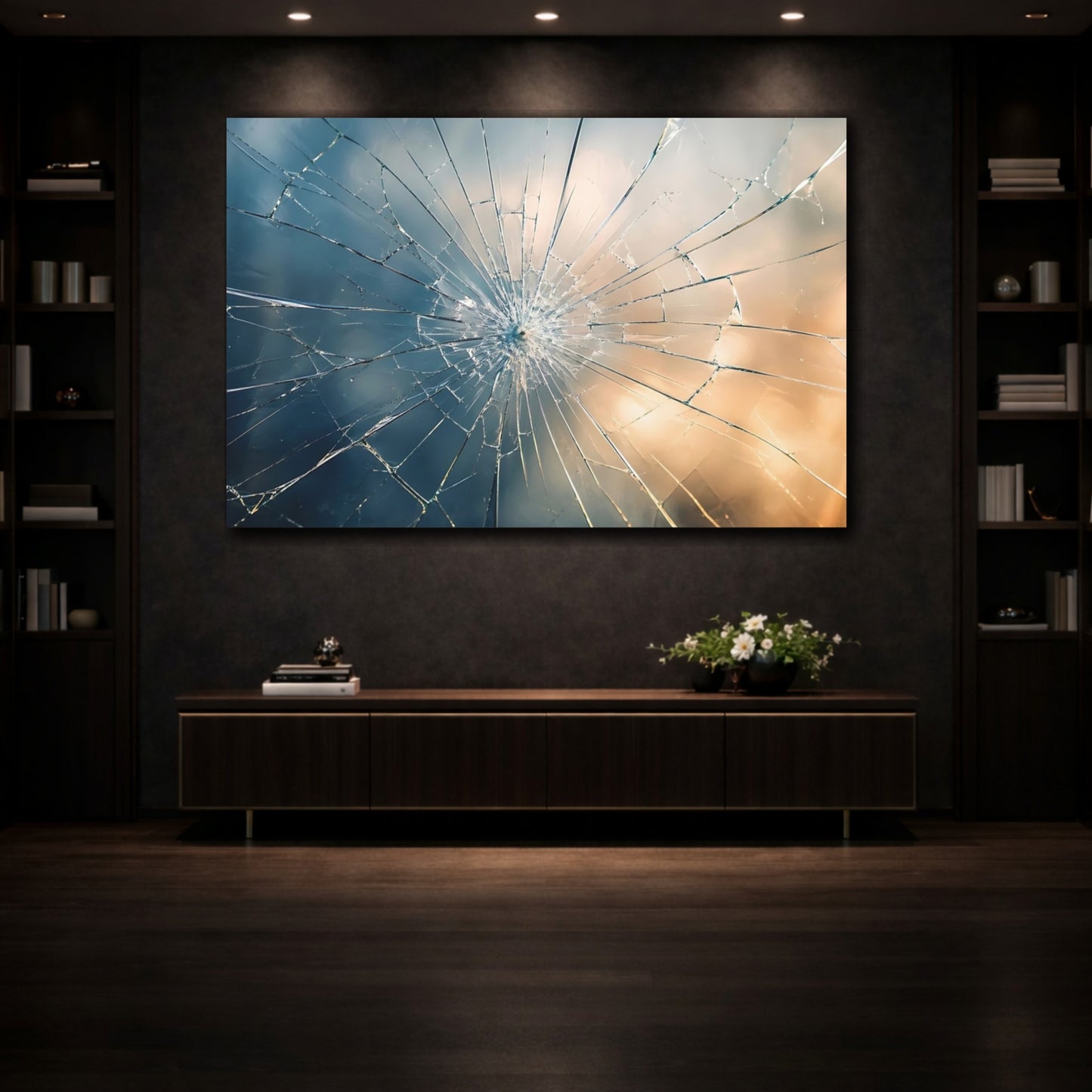 Mockup 3. Abstract Shattered Glass Blue And Gold Gradient shown as stretched canvas wall art