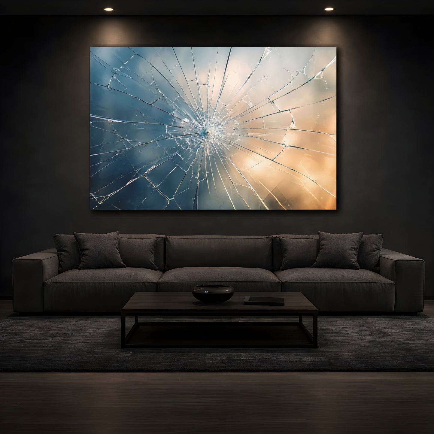 Mockup 4. Abstract Shattered Glass Blue And Gold Gradient shown as stretched canvas wall art