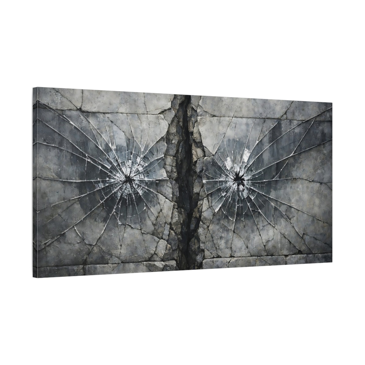 Side Mockup 1. Abstract Shattered Glass Grey And Black shown as stretched canvas wall art