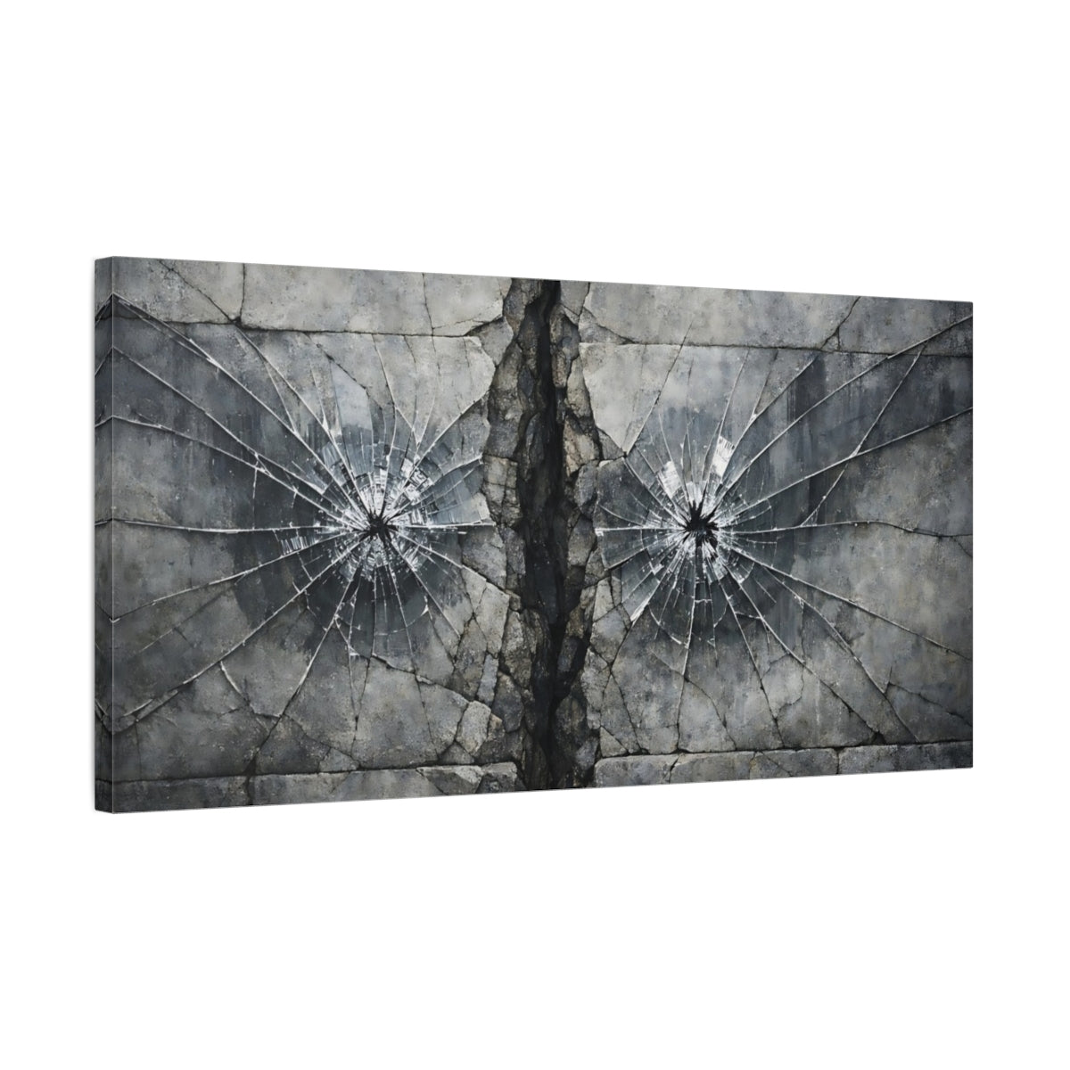 Side Mockup 2. Abstract Shattered Glass Grey And Black shown as stretched canvas wall art