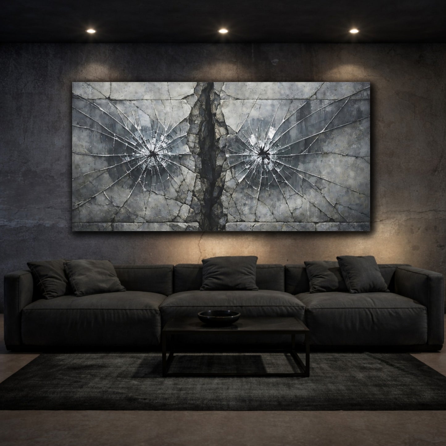 Mockup 2. Abstract Shattered Glass Grey And Black shown as stretched canvas wall art