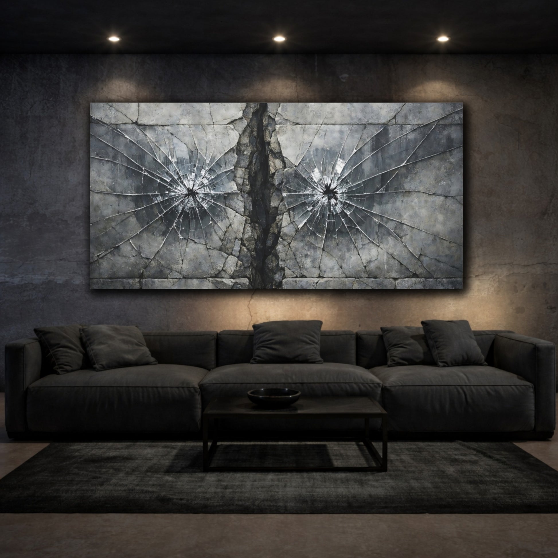 Mockup 2. Abstract Shattered Glass Grey And Black shown as stretched canvas wall art