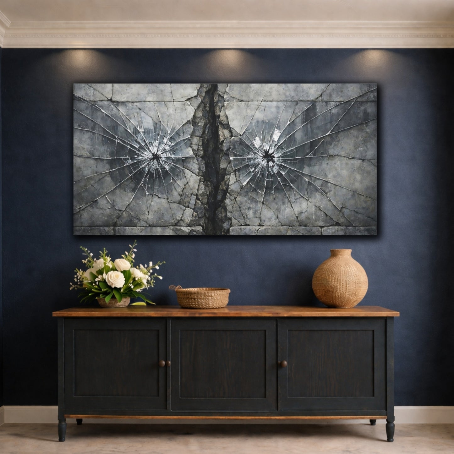 Mockup 4. Abstract Shattered Glass Grey And Black shown as stretched canvas wall art