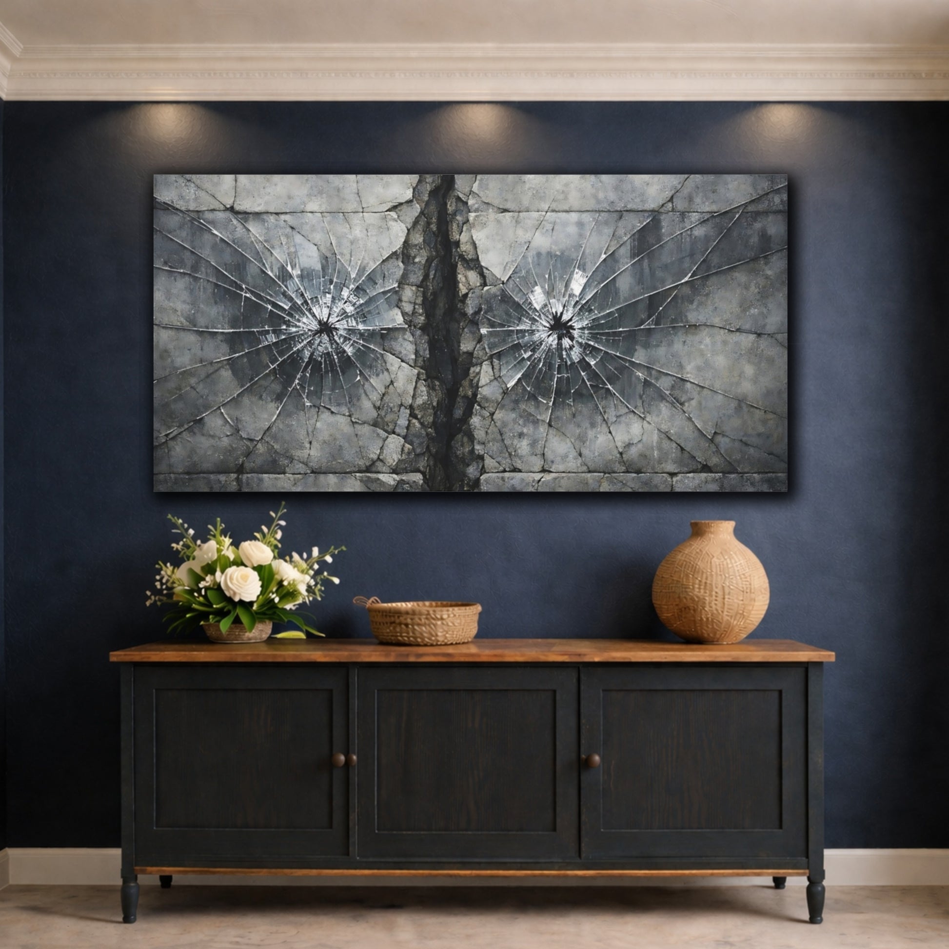Mockup 4. Abstract Shattered Glass Grey And Black shown as stretched canvas wall art