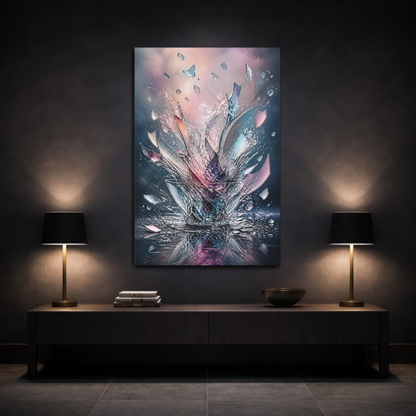 Mockup 3. Abstract Shattered Glass Vibrant Abstract shown as stretched canvas wall art