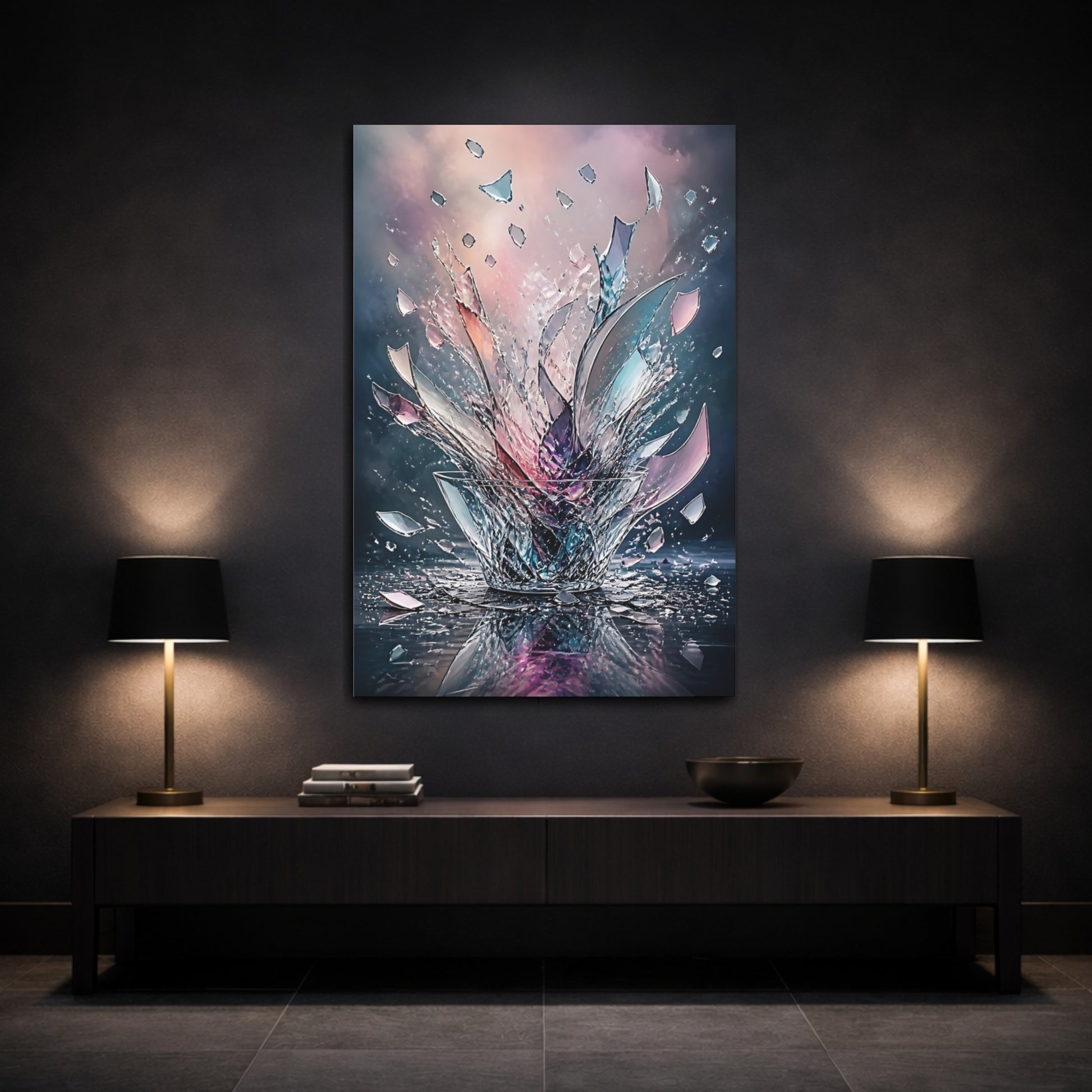 Mockup 3. Abstract Shattered Glass Vibrant Abstract shown as stretched canvas wall art