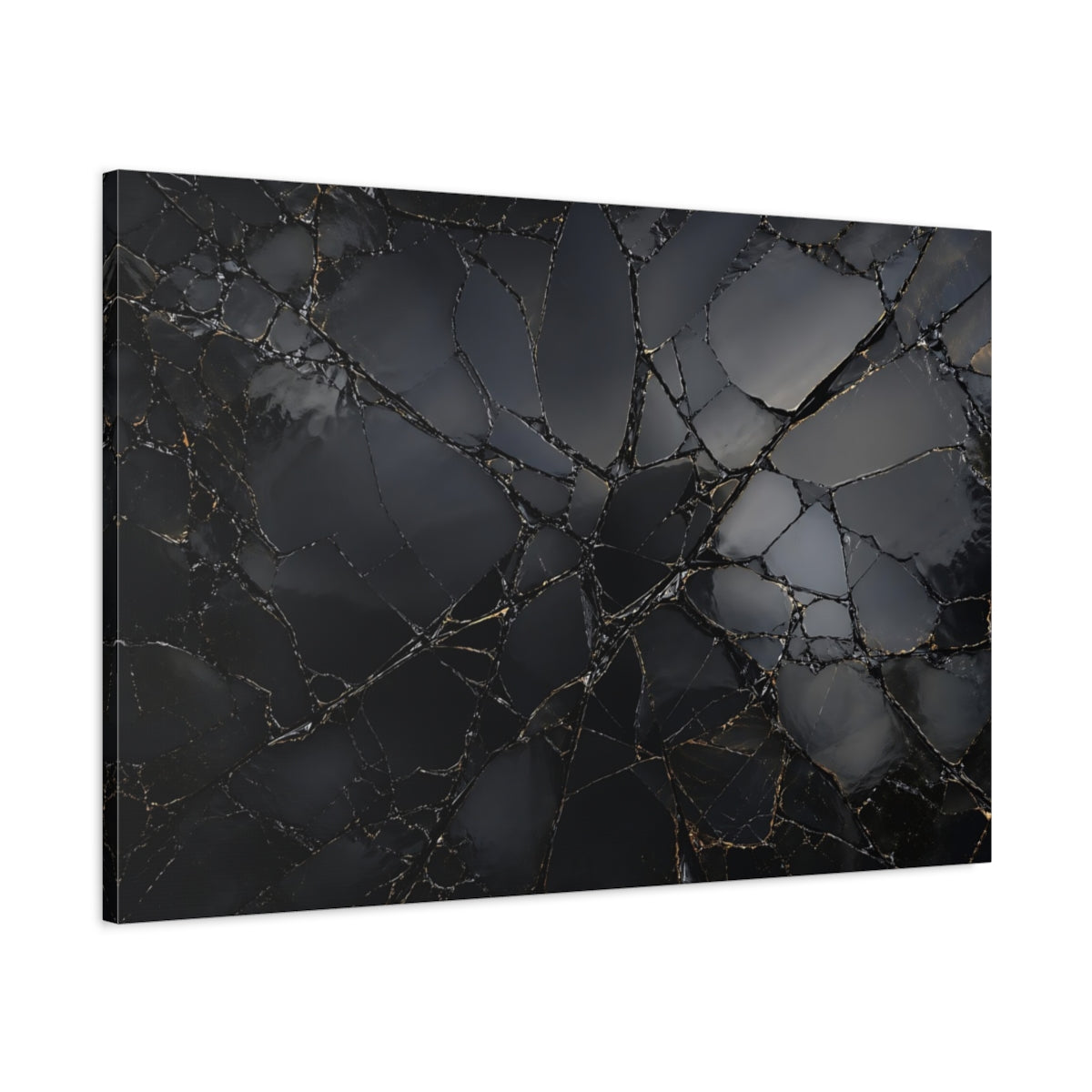Main Mockup. Abstract Shattered Surface Black And Gold shown as stretched canvas wall art