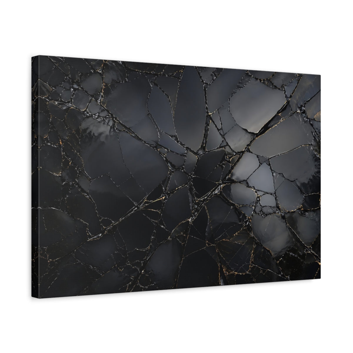 Side Mockup 3. Abstract Shattered Surface Black And Gold shown as stretched canvas wall art