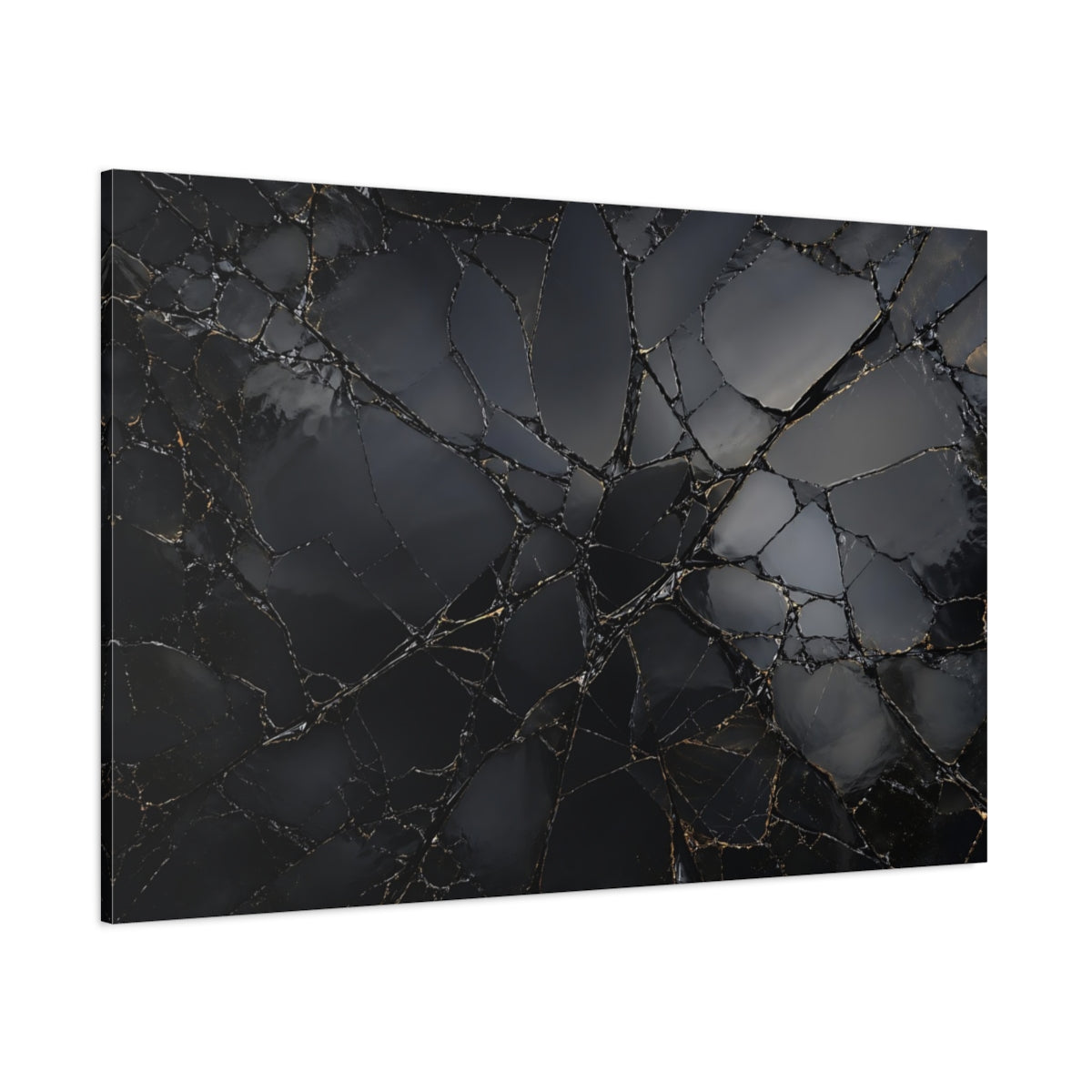 Side Mockup 1. Abstract Shattered Surface Black And Gold shown as stretched canvas wall art