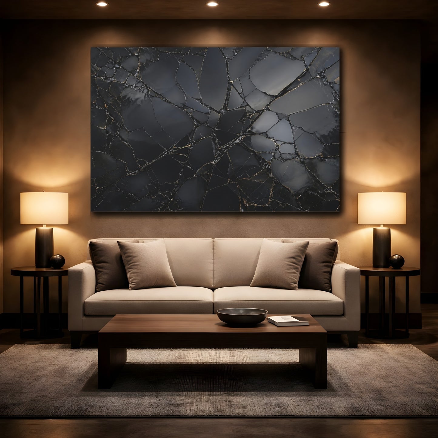 Mockup 2. Abstract Shattered Surface Black And Gold shown as stretched canvas wall art