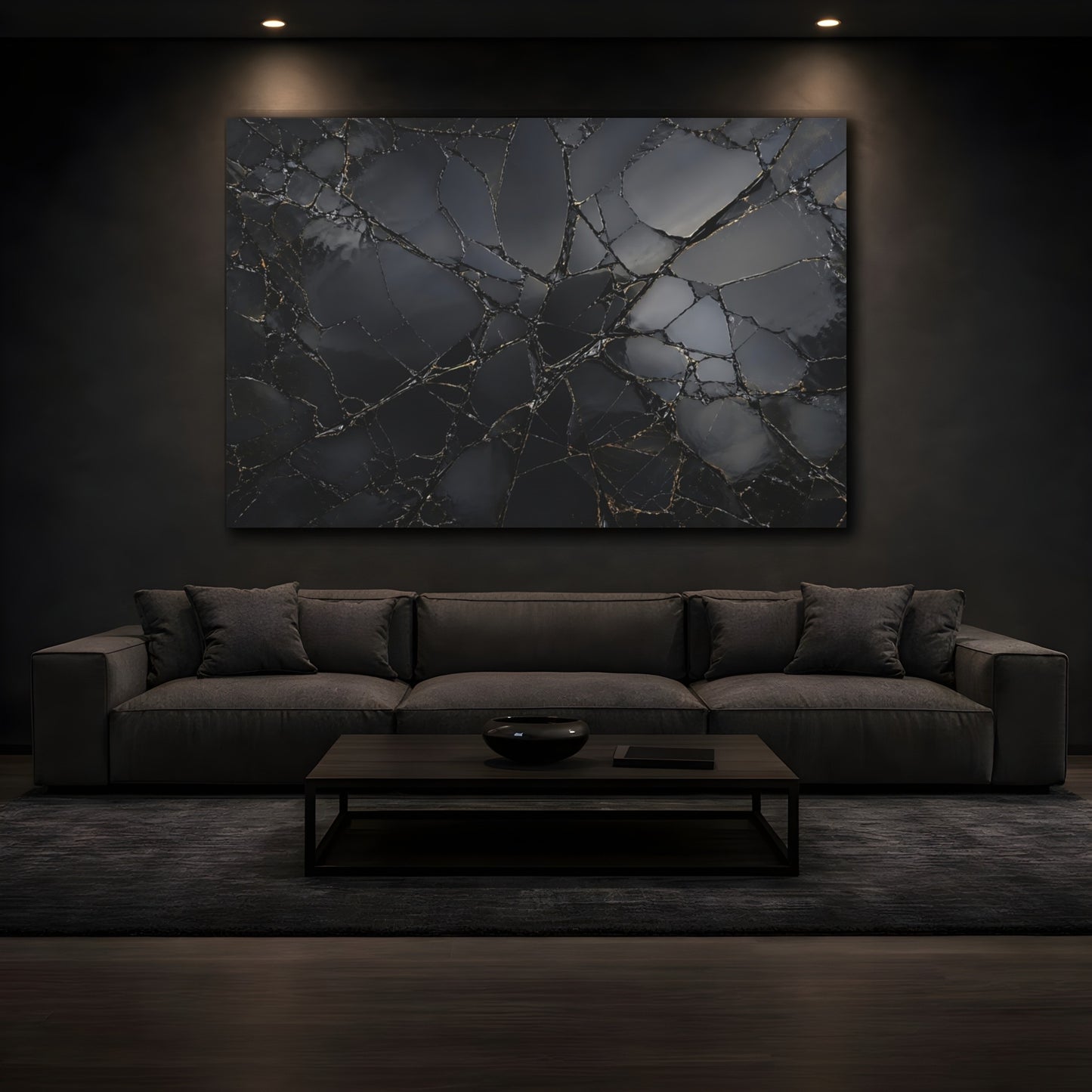 Mockup 3. Abstract Shattered Surface Black And Gold shown as stretched canvas wall art