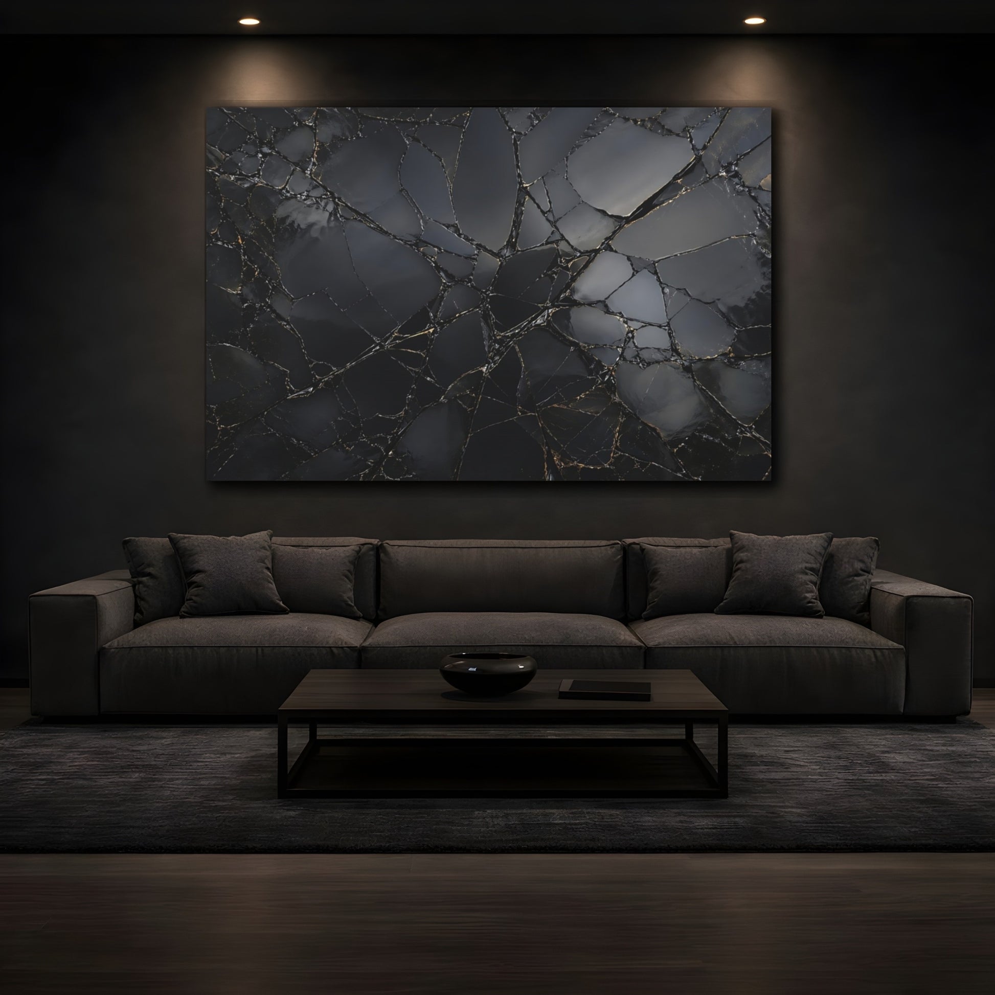 Mockup 3. Abstract Shattered Surface Black And Gold shown as stretched canvas wall art