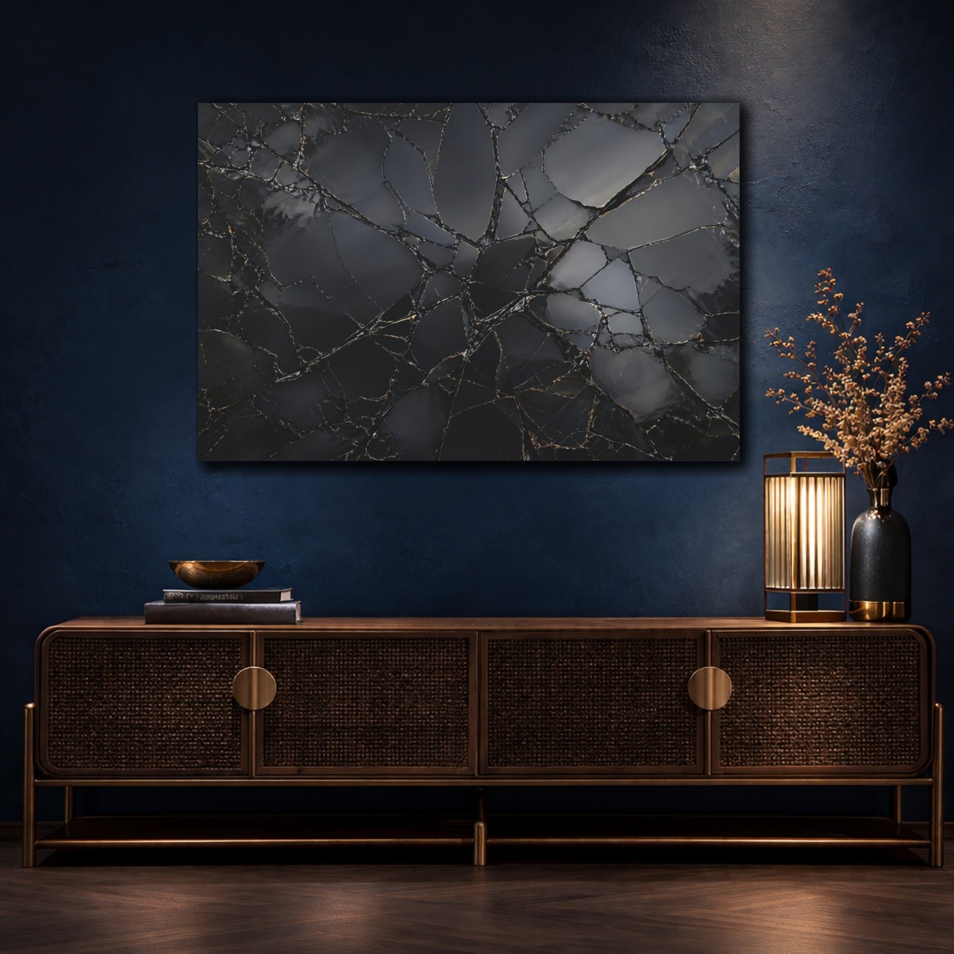 Mockup 4. Abstract Shattered Surface Black And Gold shown as stretched canvas wall art