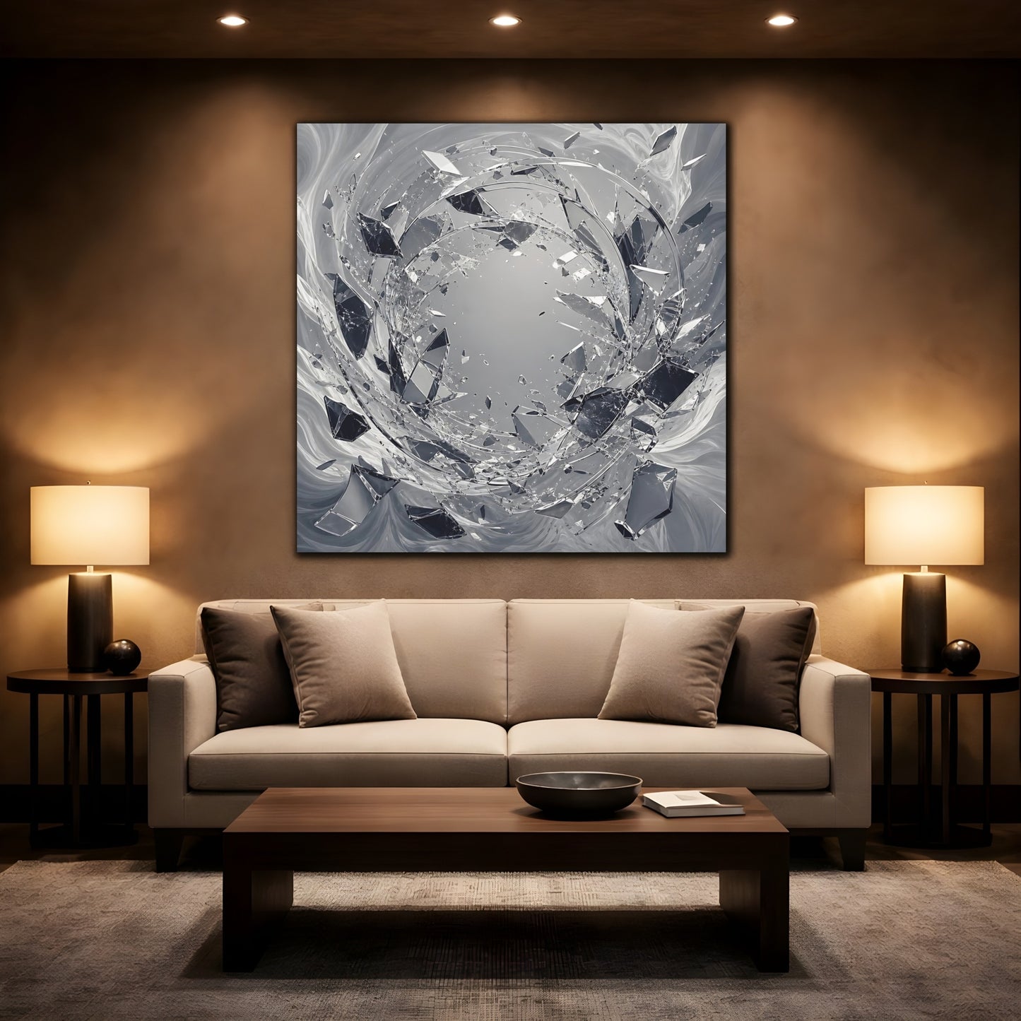 Mockup 2. Abstract Shattering Glass Shattered Glass Monochrome shown as stretched canvas wall art