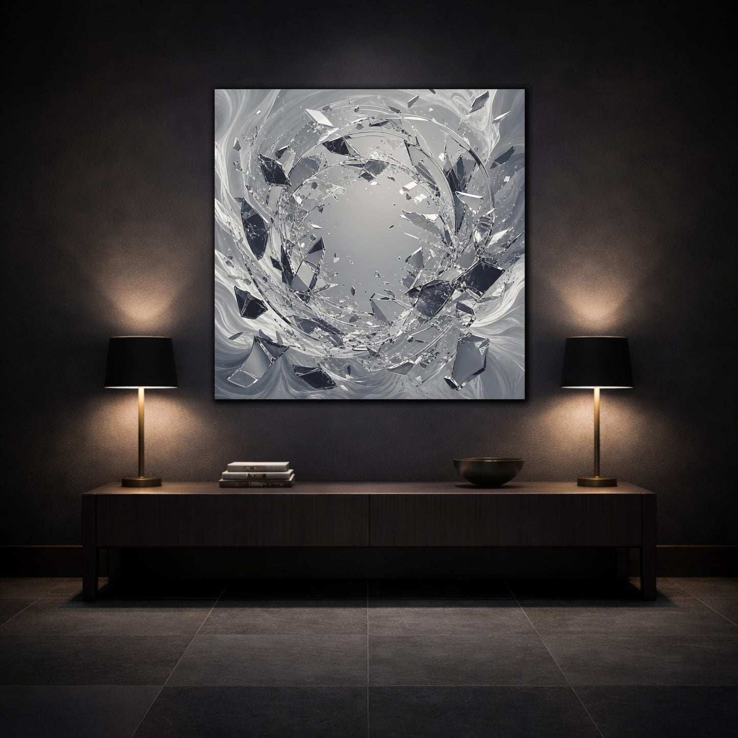 Mockup 3. Abstract Shattering Glass Shattered Glass Monochrome shown as stretched canvas wall art