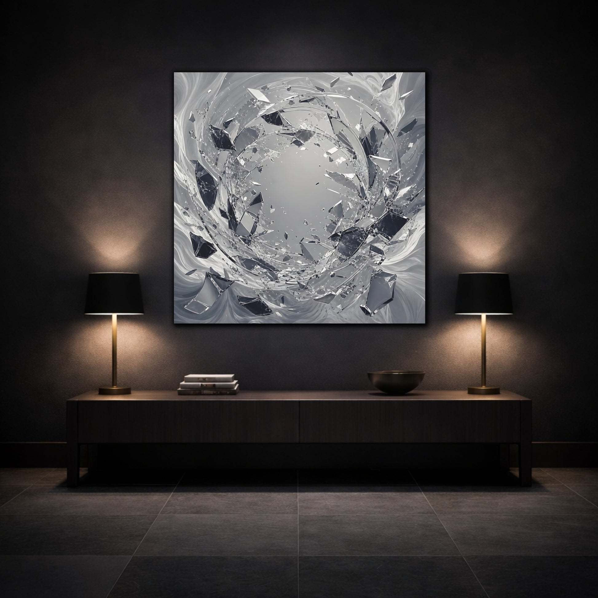 Mockup 3. Abstract Shattering Glass Shattered Glass Monochrome shown as stretched canvas wall art
