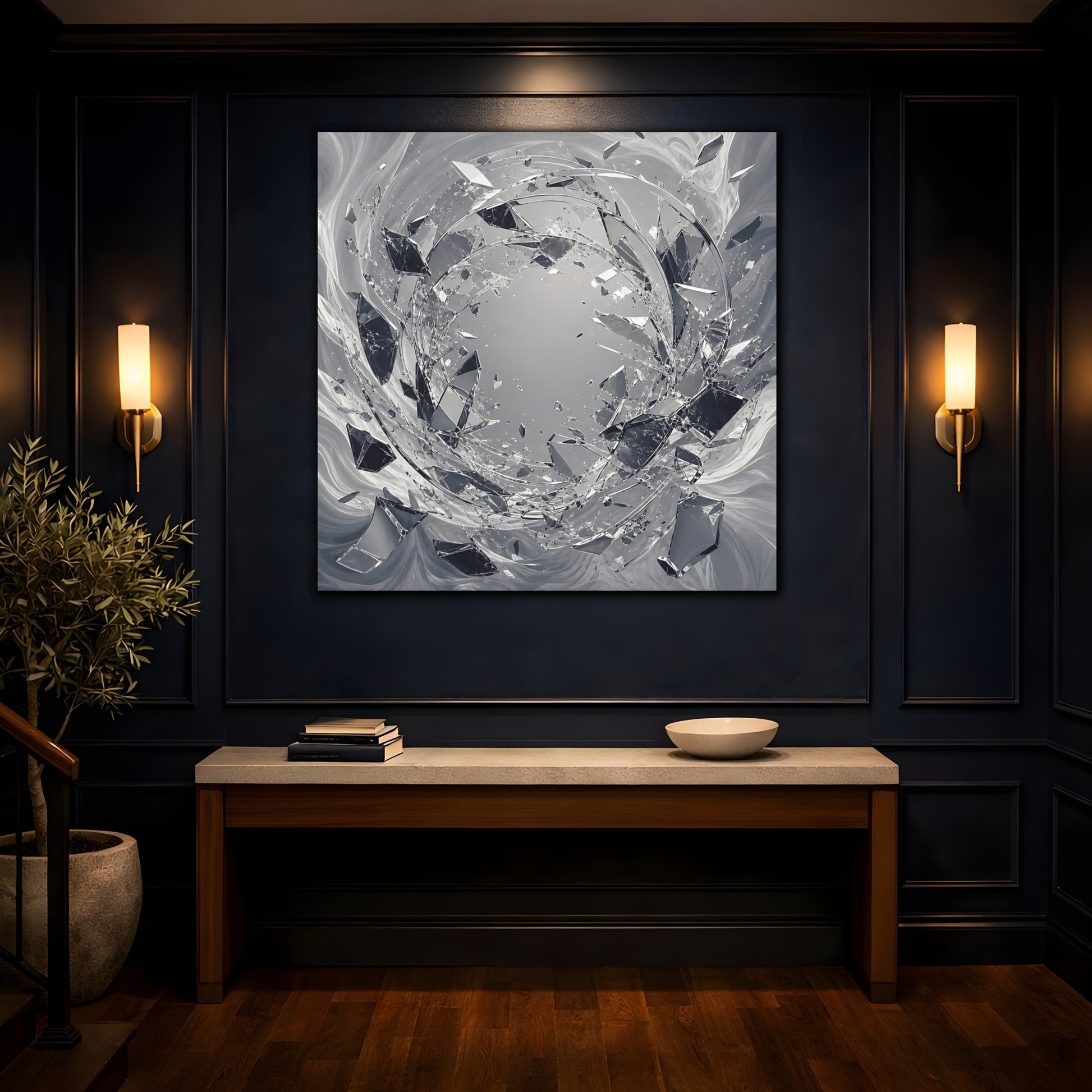 Mockup 4. Abstract Shattering Glass Shattered Glass Monochrome shown as stretched canvas wall art