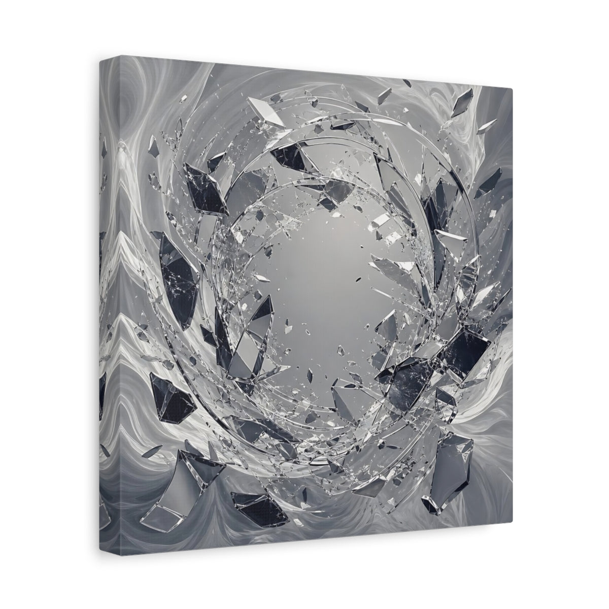 Side Mockup 8. Abstract Shattering Glass Shattered Glass Monochrome shown as stretched canvas wall art