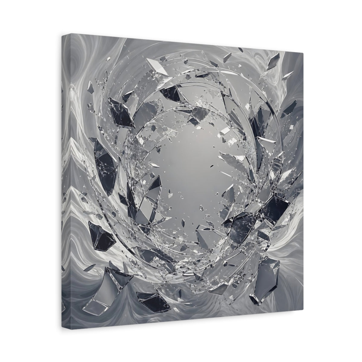 Side Mockup 6. Abstract Shattering Glass Shattered Glass Monochrome shown as stretched canvas wall art